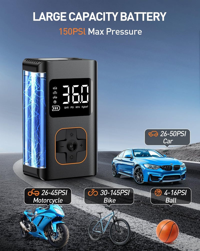 Ripom Tire Inflator Portable Air Compressor - 150 PSI Portable Air Pump for Car Tires, Cordless Electric Bike Tire Pump with Digital Pressure Gauge, LED Light for Auto, Motorcycle, Bicycle, Ball - Image 3